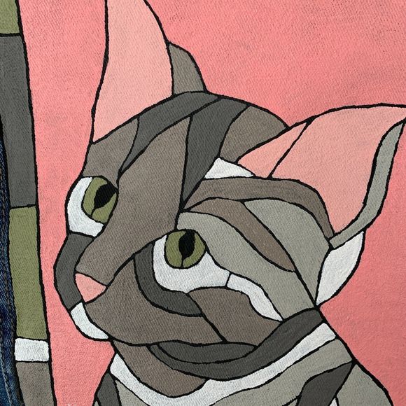 Cat Hand Painted Denim Jacket Wearable Art Tabby Artsy Chic Statement Style - Picture 3 of 10